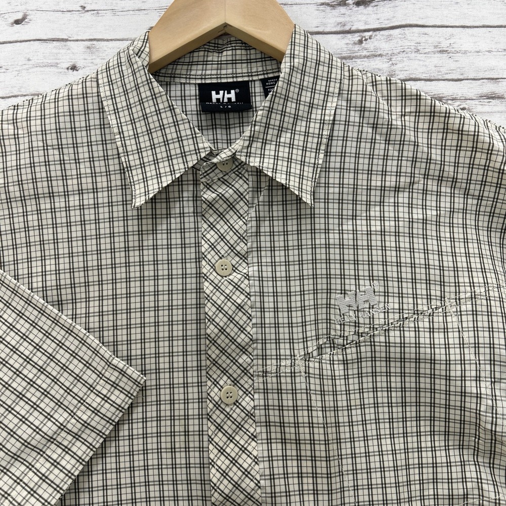 Helly Hansen Shirt Men's Large Beige Plaid Performance Hiking Outdoor SS